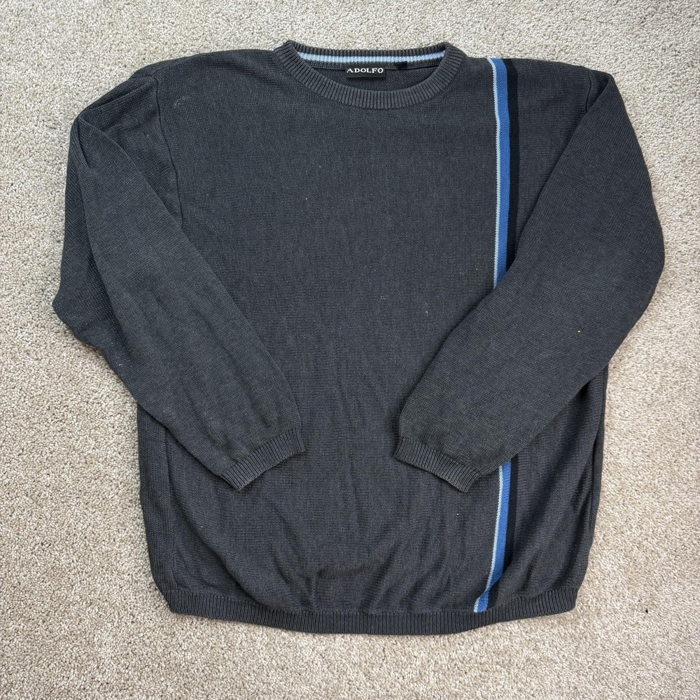 Adolfo Sweater Mens XL Gray Cotton Acrylic Striped Tight Knit Crewneck Pullover
